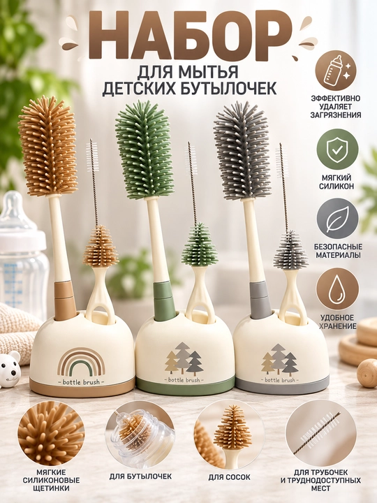Силиконовая щетка для чистки детских бутылочек и пустышек, для мытья бутылочек