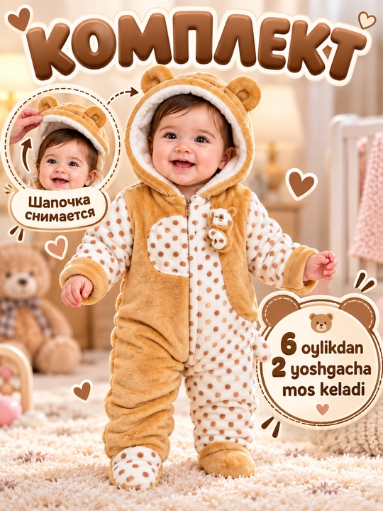 Chaqaloqlar kombinezoni, Kapyushonli yumshoq kiyim, 6 oylikdan 2 yoshgacha - 