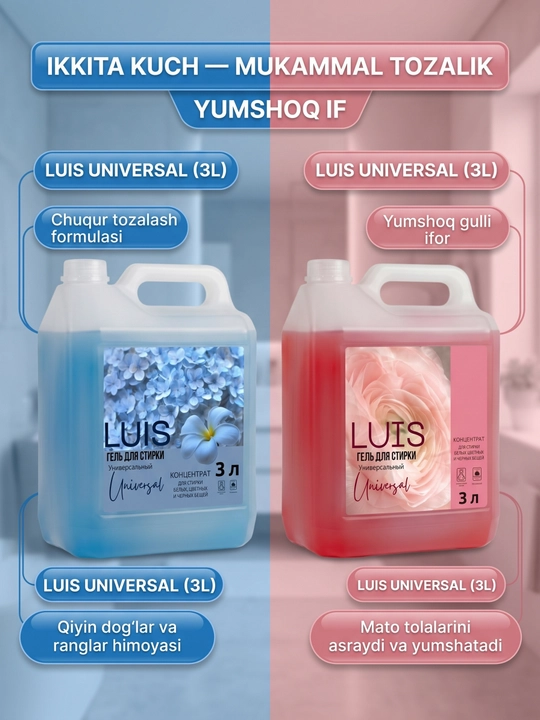 LUIS Strong kir yuvish geli 3 l, dog‘ ketkazuvchi suyuq kukun, 50 marta yuvish