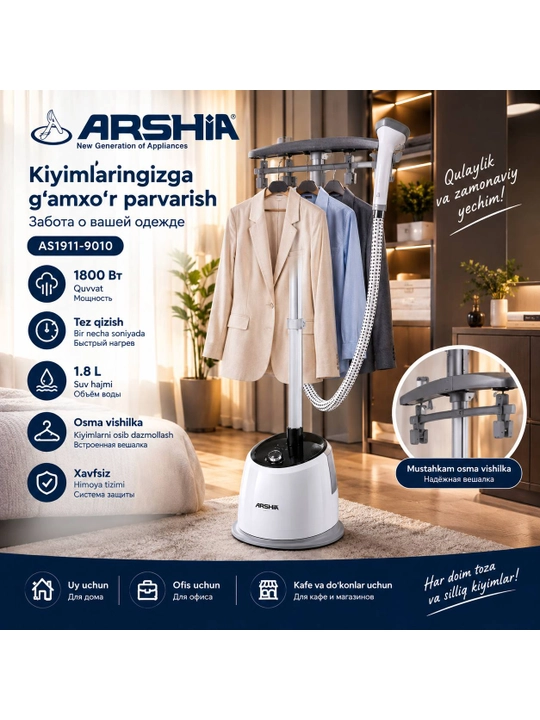 Arshia 1800- 2200 V dazmollash taxtasi bilan jihozlangan bug‘latgich, 4 xil par dazmol - 
