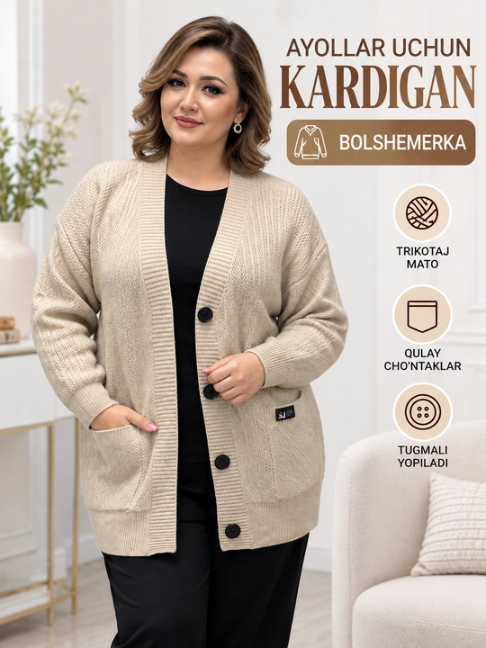Ayollar uchun trikotaj, issiq jemper, tugmali va cho‘ntakli, bolshemerka standart 50–56 - 