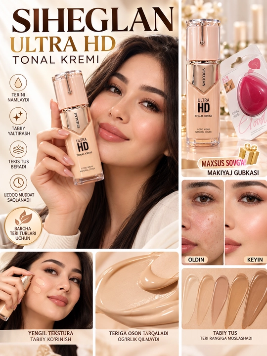 Tonal krem SIHEGLAN Ultra HD Full Coverage yuzdagi kamchiliklarni to'liq berkituvchi - 