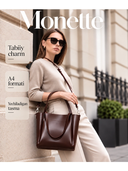 Ayollar sumkasi, charm, shopper, A4 Monette tabiiy charm, yelkadan oshirib kiyiladigan - 