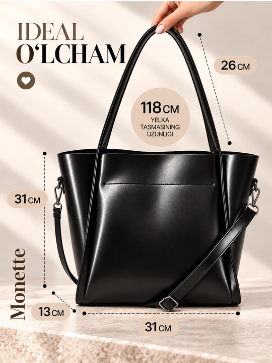 Ayollar sumkasi, charm, shopper, A4 Monette tabiiy charm, yelkadan oshirib kiyiladigan