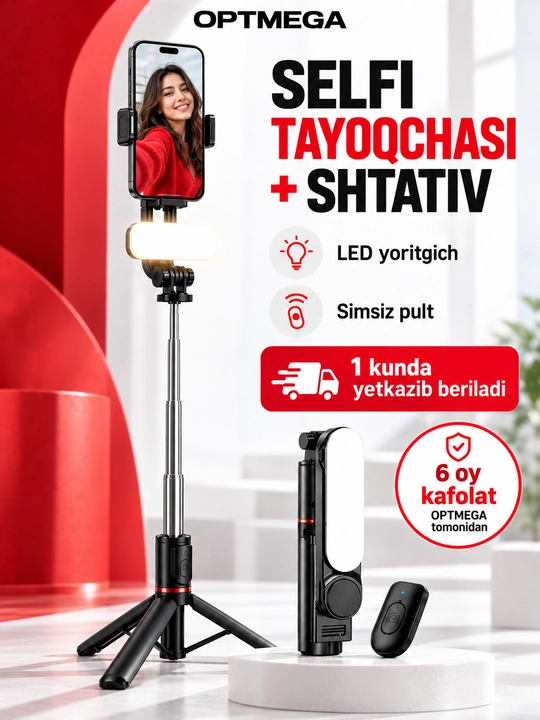 Shtativ telefon uchun, selfi tayoqchasi 4-in-1, teleskopik, Bluetooth pult - 