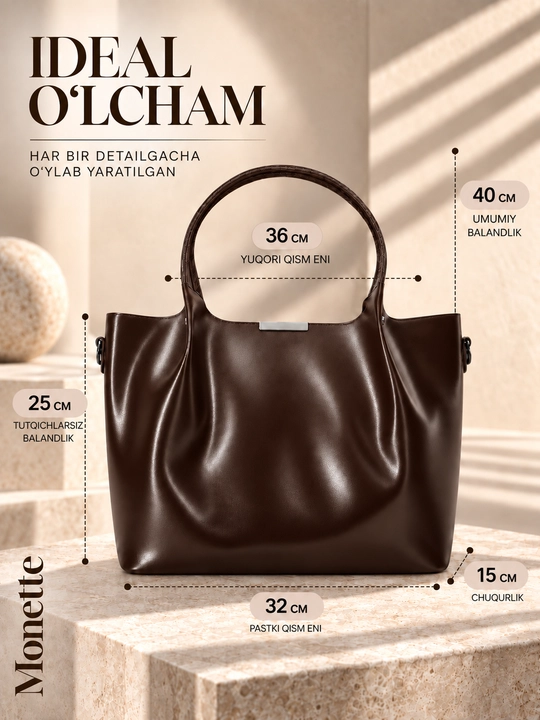 A4 Monette ayollar charm sumkasi yumshoq, tabiiy charmdan, yelkadan kattaroq