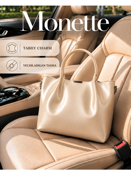 A4 Monette ayollar charm sumkasi yumshoq, tabiiy charmdan, yelkadan kattaroq - 