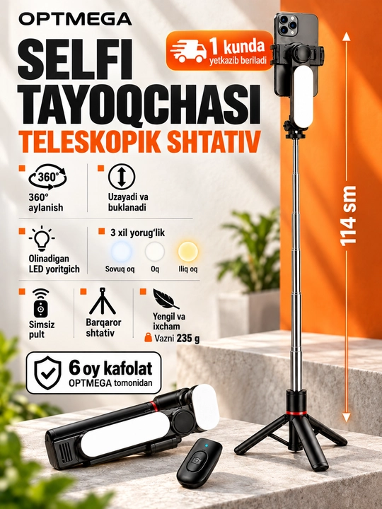 Shtativ telefon uchun, selfi tayoqchasi 4-in-1, teleskopik, Bluetooth pult