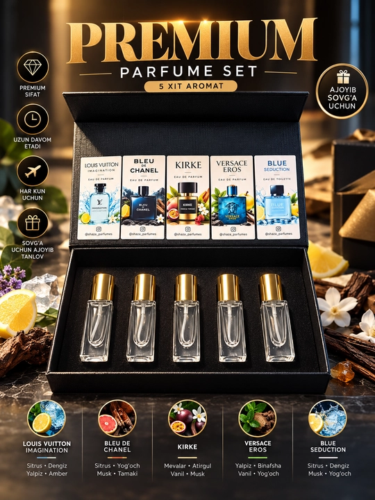 Premium Parfum Nabor 5×6 ml, 5 xil mashhur hid, sovg‘alik to‘plam - 