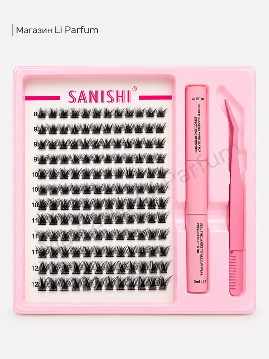 SANISHI Tabiiy effektli puchok kipriklar 8–12 mm + 5 ml yelim - 