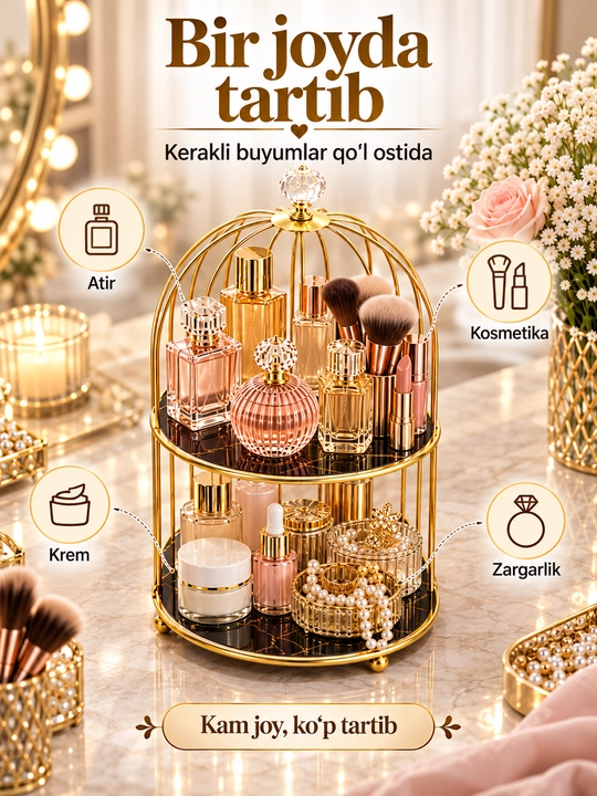 Ayollar atirlari va kosmetikasi uchun tortmali organayzer, 3 va 4 qavatli