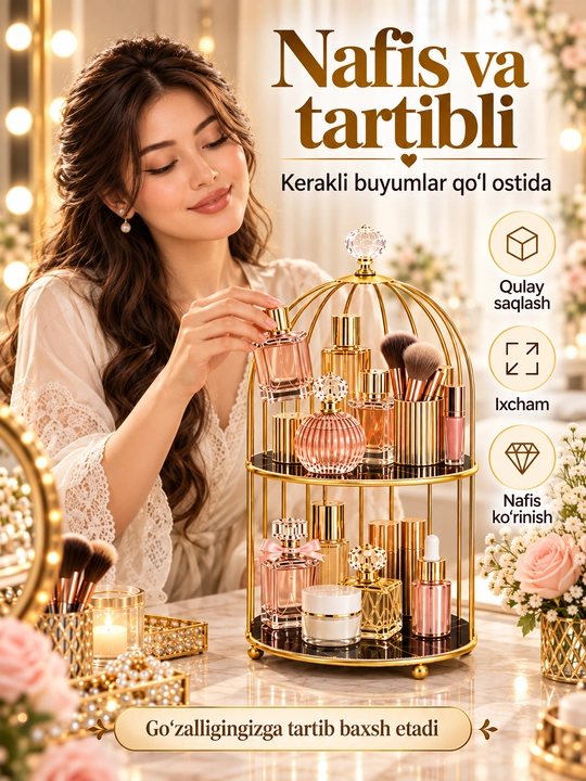 Ayollar atirlari va kosmetikasi uchun tortmali organayzer, 3 va 4 qavatli