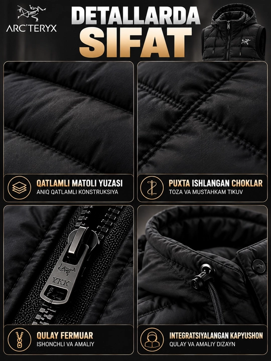 Erkaklar nimchasi Arc'teryx, kapyushonli, sinteponli, qovilgan bezrukavka
