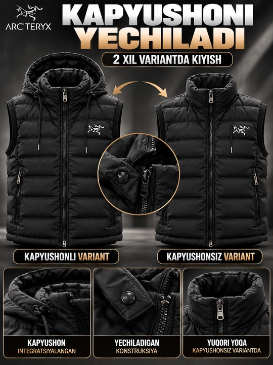 Erkaklar nimchasi Arc'teryx, kapyushonli, sinteponli, qovilgan bezrukavka