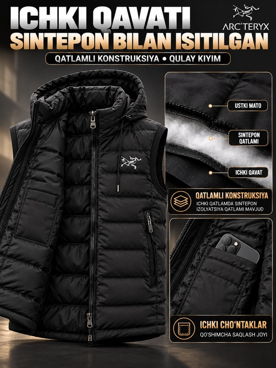 Erkaklar nimchasi Arc'teryx, kapyushonli, sinteponli, qovilgan bezrukavka