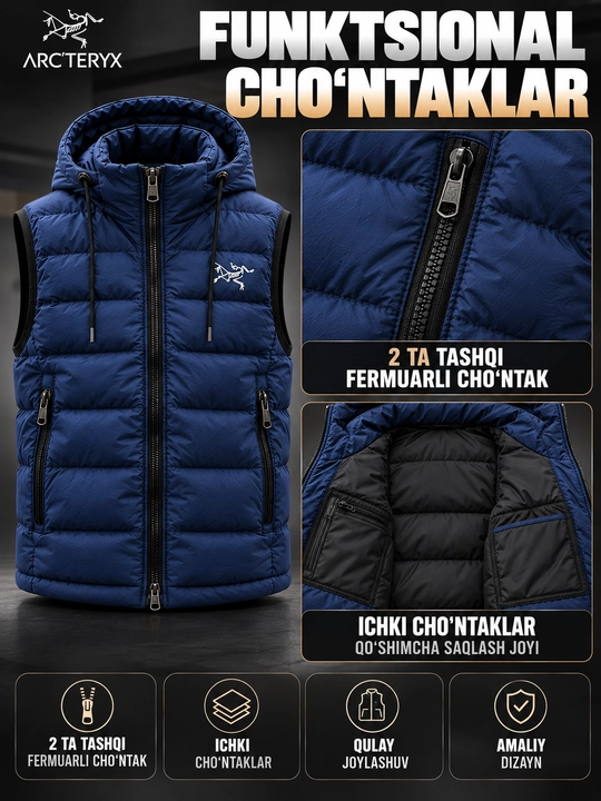 Erkaklar nimchasi Arc'teryx, kapyushonli, sinteponli, qovilgan bezrukavka