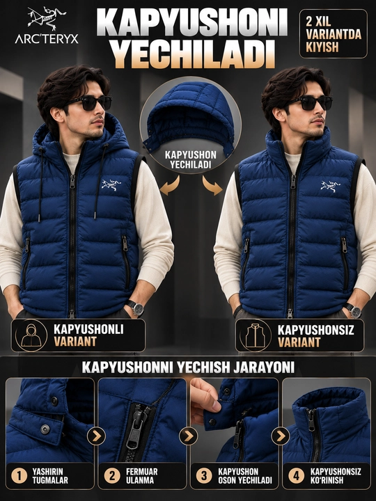 Erkaklar nimchasi Arc'teryx, kapyushonli, sinteponli, qovilgan bezrukavka