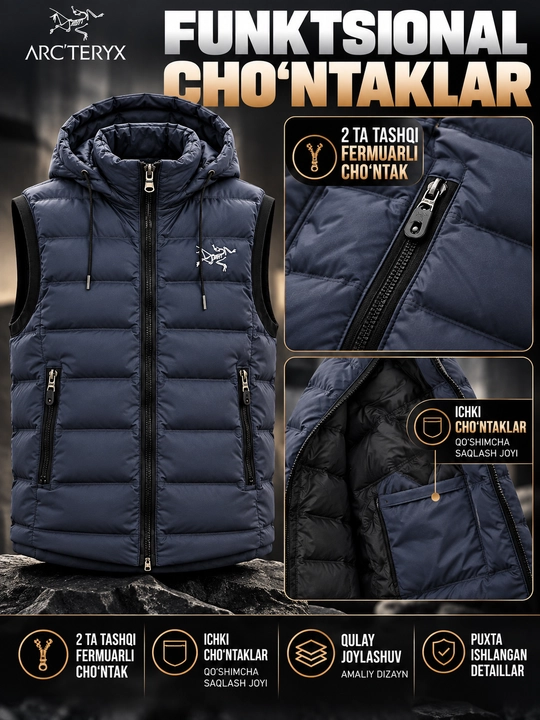 Erkaklar nimchasi Arc'teryx, kapyushonli, sinteponli, qovilgan bezrukavka