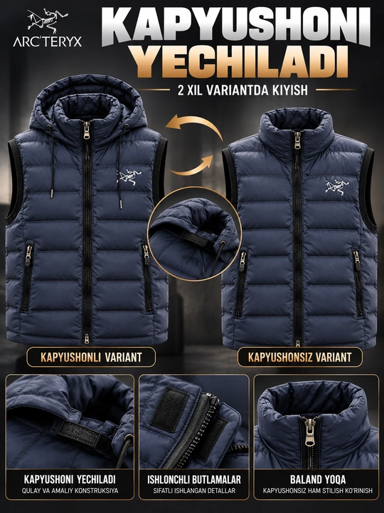 Erkaklar nimchasi Arc'teryx, kapyushonli, sinteponli, qovilgan bezrukavka