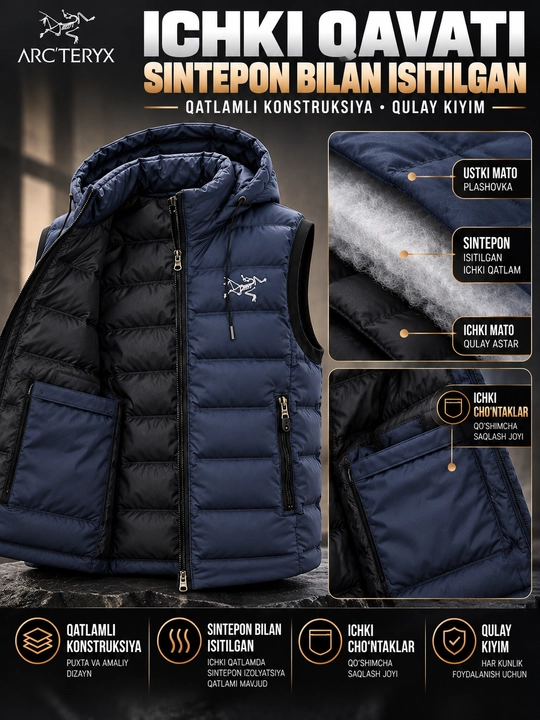 Erkaklar nimchasi Arc'teryx, kapyushonli, sinteponli, qovilgan bezrukavka