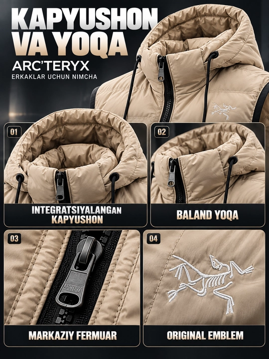 Erkaklar nimchasi Arc'teryx, kapyushonli, sinteponli, qovilgan bezrukavka