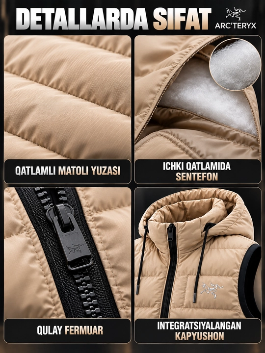 Erkaklar nimchasi Arc'teryx, kapyushonli, sinteponli, qovilgan bezrukavka