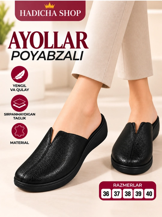 Ayollar tapochkasi, qora tapochka, ayollar oyoq kiyimi, uy tapochkasi, ayollar shippagi - 