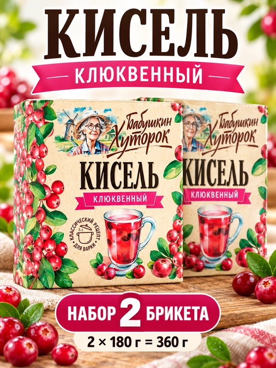 Кисель «Бабушкин Хуторок» клюквенный, набор 2 брикета × 180 г, 360 г - 