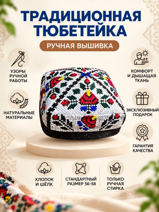 Узбекская национальная тюбетейка для женщин и девочек, сшитая вручную - 