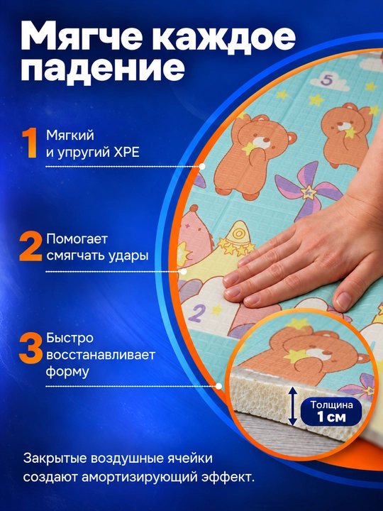 Детский игровой коврик XPE складной двусторонний для ползания, теплый, влагостойкий, 1 см