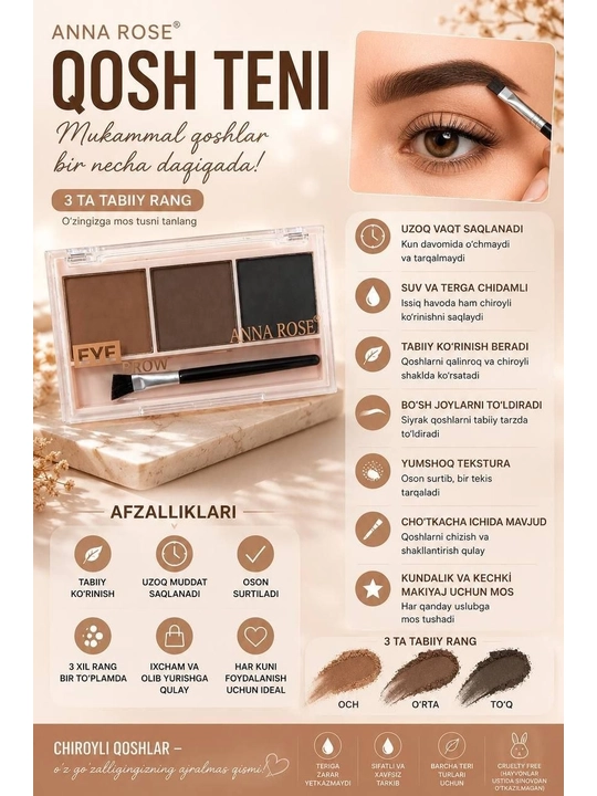 Qosh paletkasi 3 rang Anna Rose brow teni applikator bilan