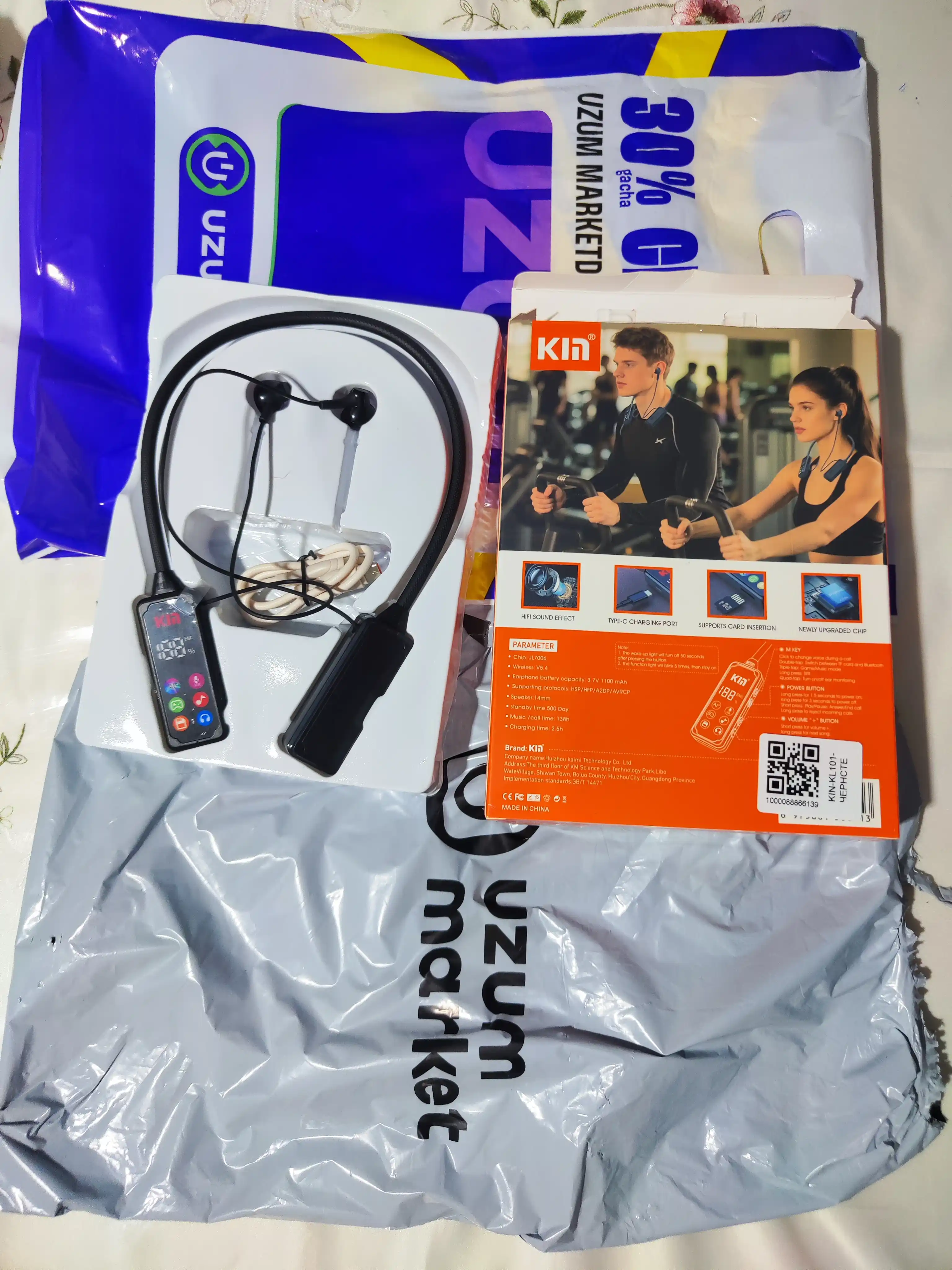 Bo'yinli simsiz quloqchin KIN KL101 ENC mikrofon TF karta 1100 mAh batareya