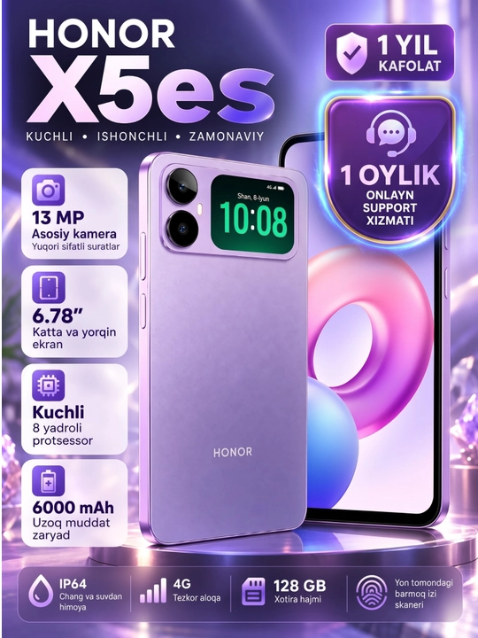 Smartfon HONOR X5es, 5200mAh, 50MP, kafolat 1 yil + 30 kun support - 