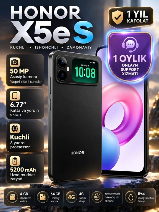 Smartfon HONOR X5es, 5200mAh, 50MP, kafolat 1 yil + 30 kun support - 