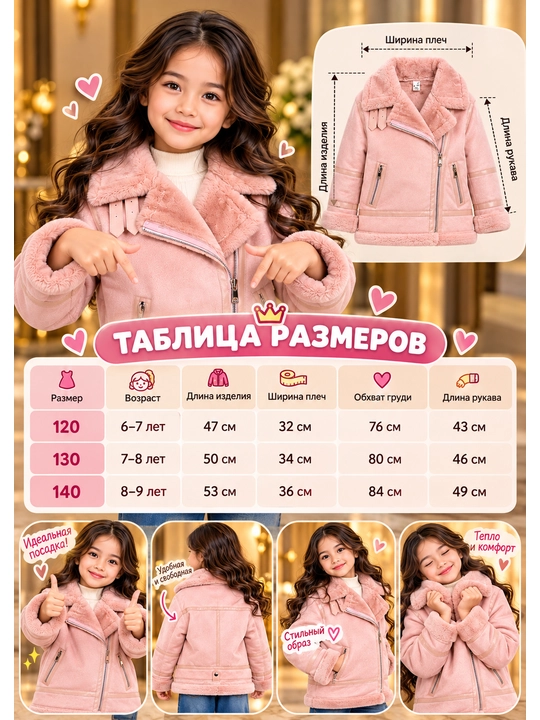 Дублёнка для девочек 6-9 лет, розовая зимняя куртка с мягким мехом, тёплая, стильная
