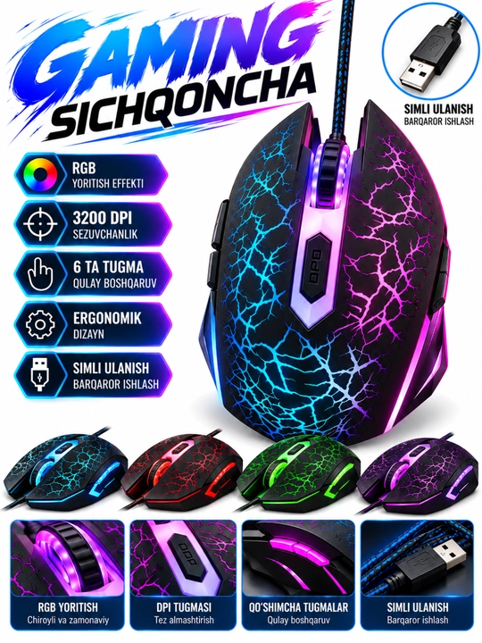 Gaming Sichqoncha RGB, 3200 DPI, 6 Tugmali, Simli, Ergonomik Dizayn