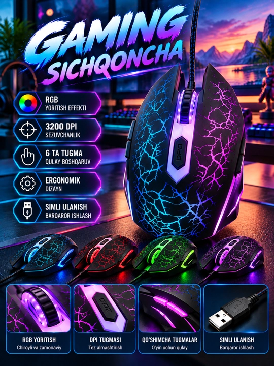 Gaming Sichqoncha RGB, 3200 DPI, 6 Tugmali, Simli, Ergonomik Dizayn