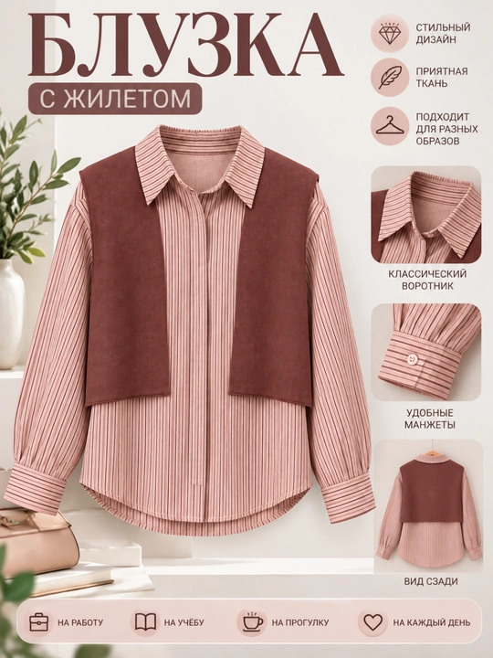 Женская блузка, рубашка с жилетом, блузка с жилетом, женская рубашка - 