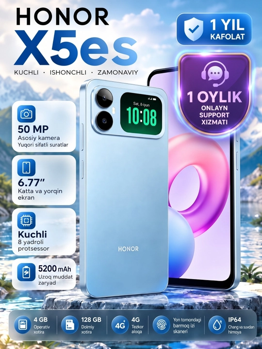 Smartfon HONOR X5es, 5200mAh, 50MP, kafolat 1 yil + 30 kun support - 
