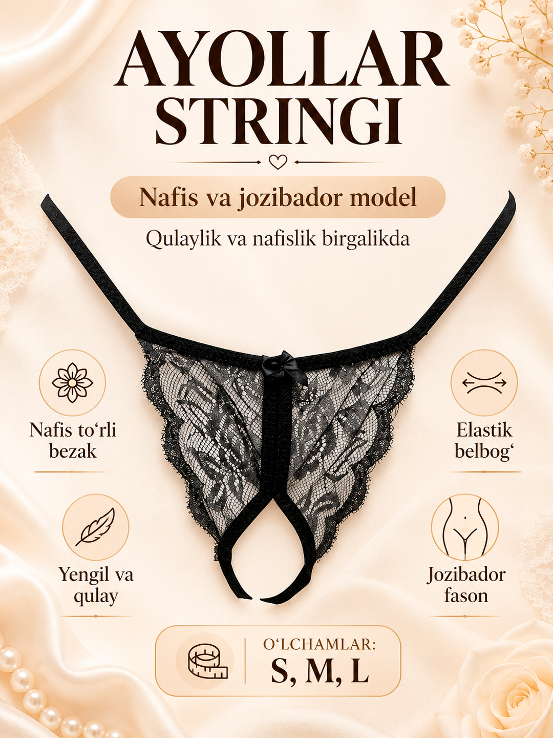 Ayollar stringi, kamoncha detallar, paxta, XB, gipyur, ochiq dizaynli to'rli - 