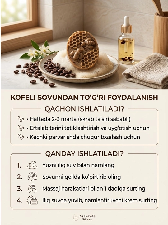 Kofeli tabiiy sovun – yuz va tana uchun skrab, chuqur tozalovchi sovun