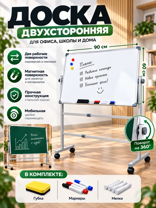Доска 60×90 см на роликовых ножках, в подарок — мел, маркер и губка - 