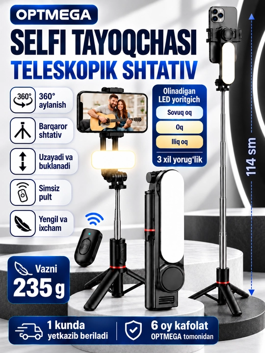 Shtativ telefon uchun, selfi tayoqchasi 4-in-1, teleskopik, Bluetooth pult - 
