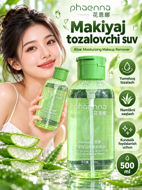 PHAENNA Aloe makiyaj tozalovchi va namlantiruvchi suv, Makeup Remover, 500 ml - 