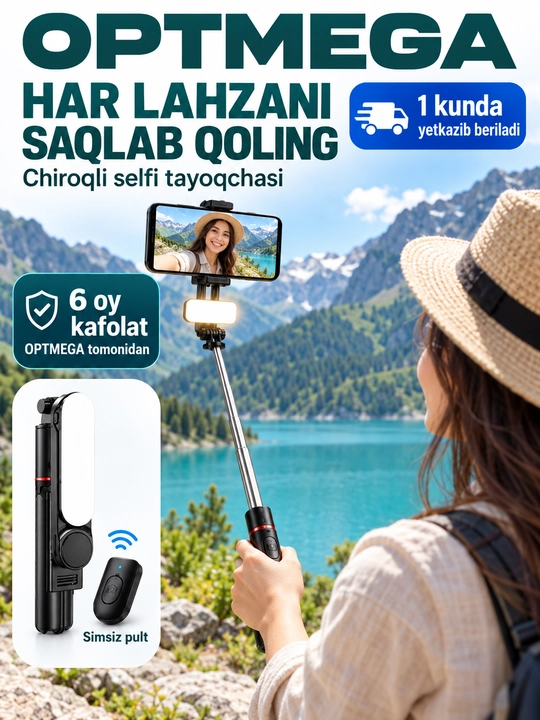 Shtativ telefon uchun, selfi tayoqchasi 4-in-1, teleskopik, Bluetooth pult
