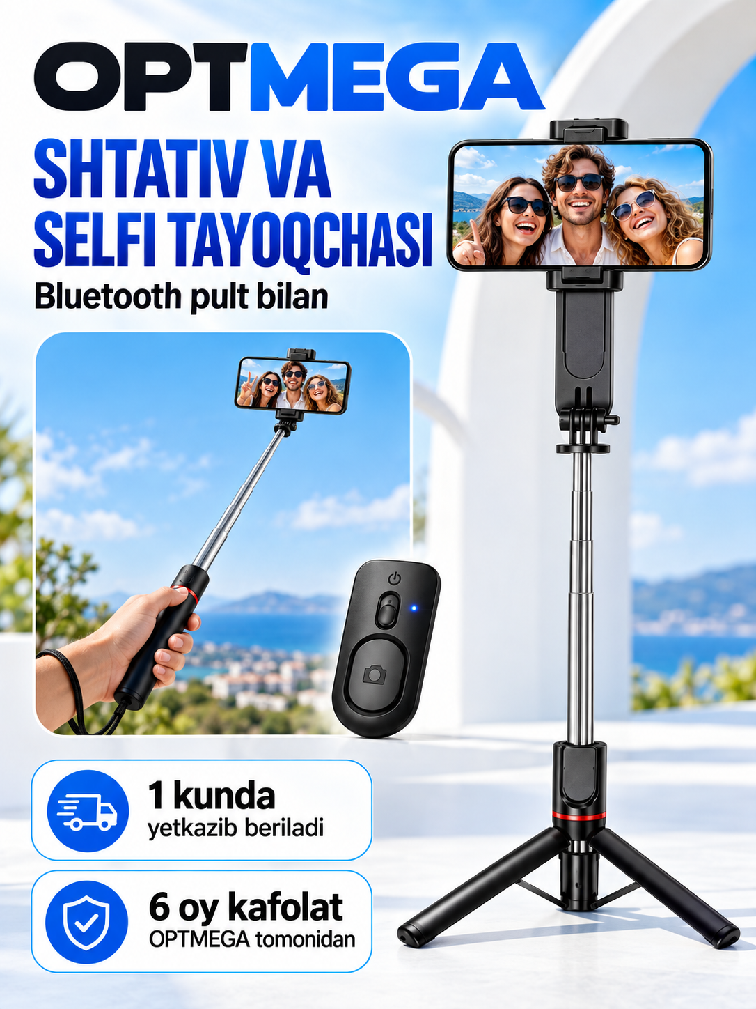Shtativ telefon uchun, selfi tayoqchasi 4-in-1, teleskopik, Bluetooth pult