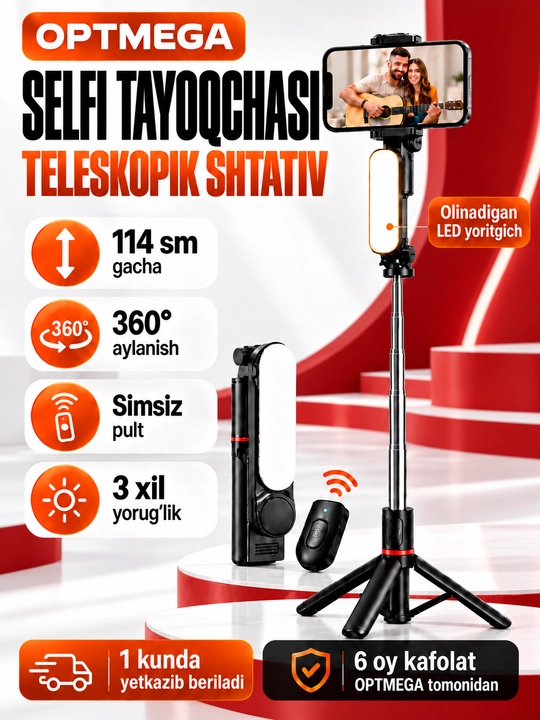 Shtativ telefon uchun, selfi tayoqchasi 4-in-1, teleskopik, Bluetooth pult