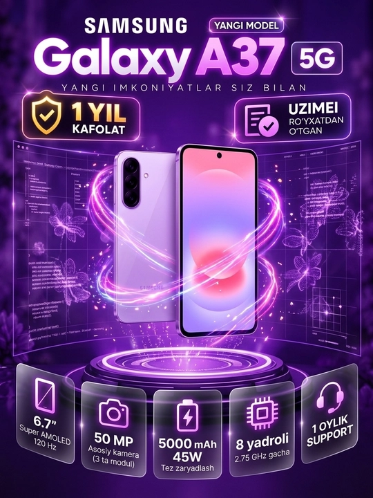 Samsung Galaxy A37 5G, Super AMOLED 120Hz, IP68, 1 yil kafolat + 30 kun support - 