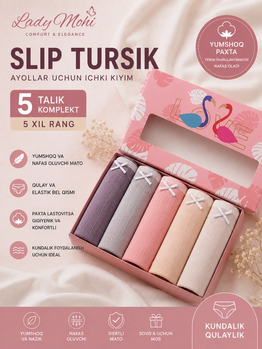 Ayollar slip-trusi to‘plami, sovg‘a qadog‘ida 5 dona