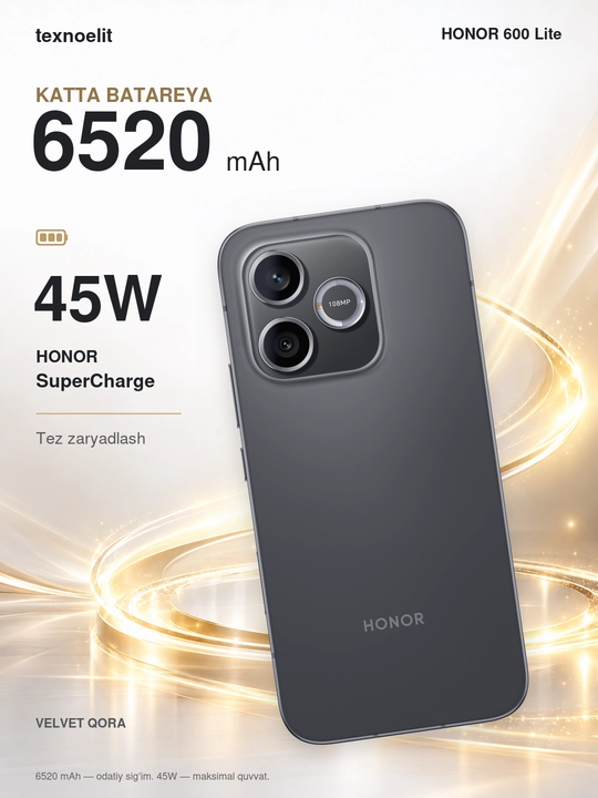HONOR 600 Lite 5G zarbalarga chidamli smartfon, 8/256 GB +Smart watch sovg‘aga